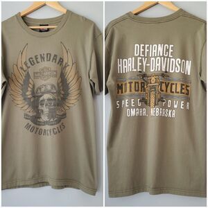 Harley Davidson Green Short Sleeve Crewneck Defiance Omaha NE T Shirt Mens Large